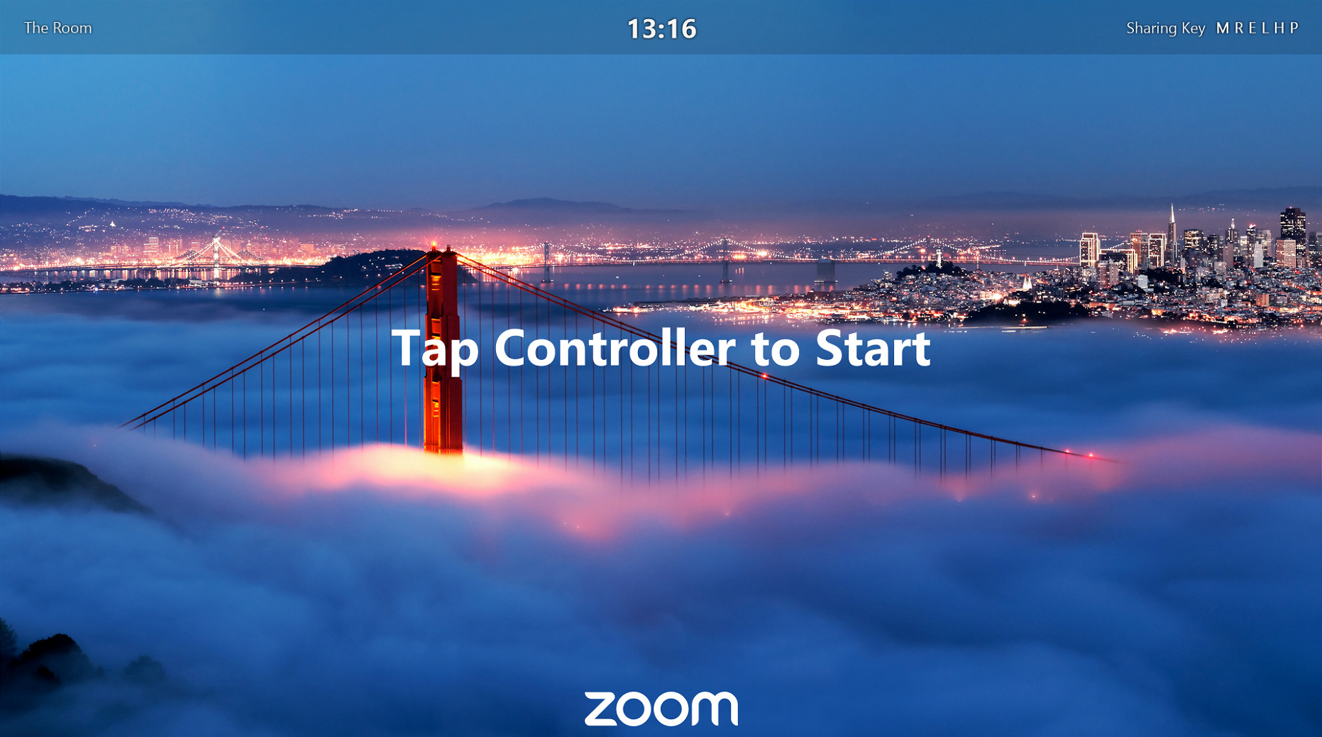 Image of a Zoom room background. Text includes the room name, Sharing Key, and the instruction to "Tap Controller to Start"