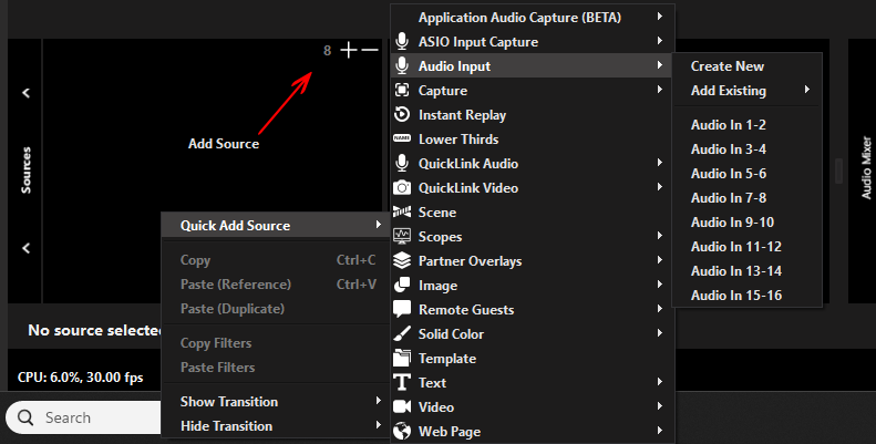 Quick Add Source menu with the Audio Input submenu open