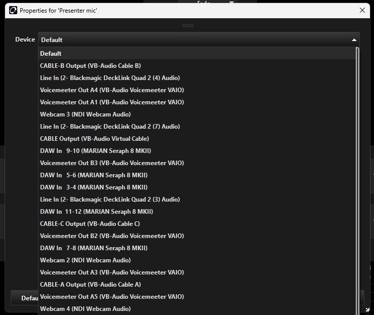 Audio Input properties window with the Device list open