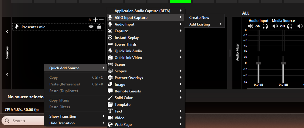 Quick Add Source menu with the ASIO Input Capture submenu open