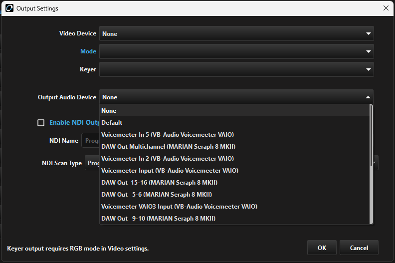 Output Settings window with the Output Audio Device list open