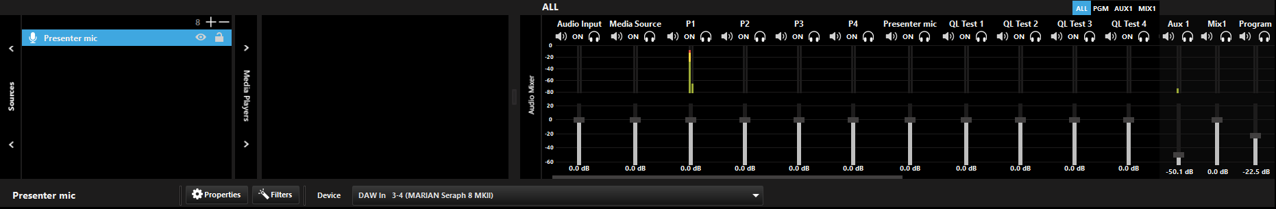 New Presenter mic source in the Sources list and Audio Mixer