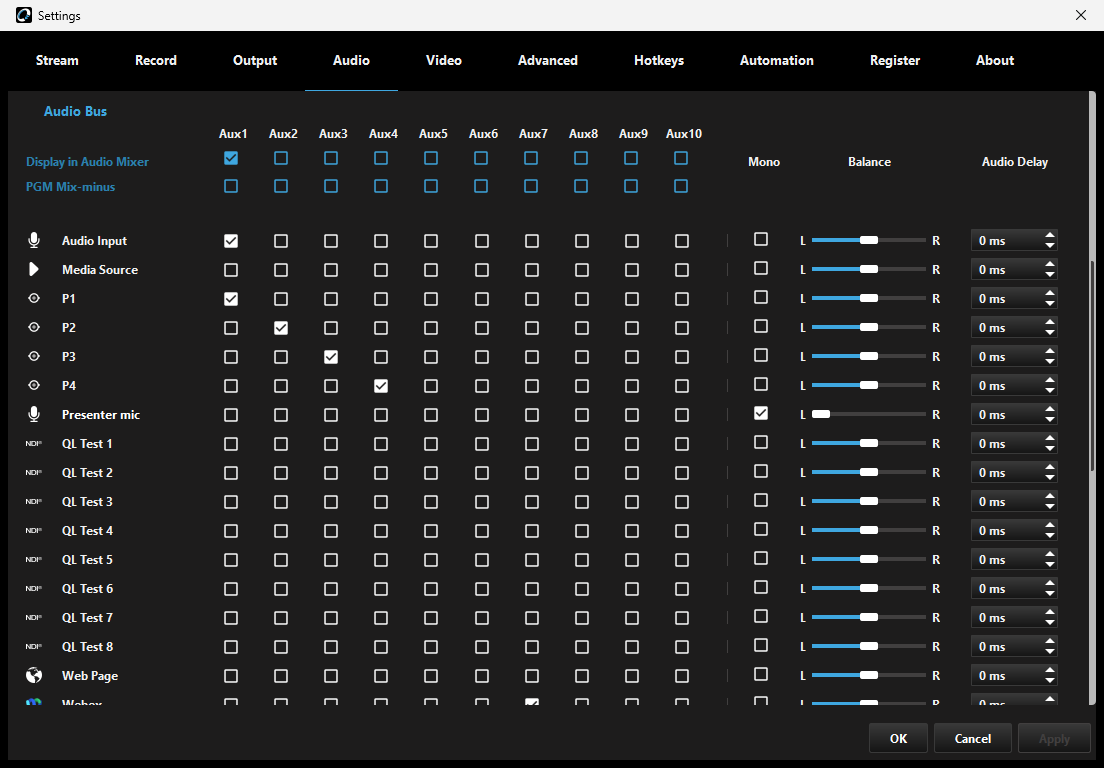 Settings, Audio tab, Audio Bus section with Mono ticked and Balance set fully left